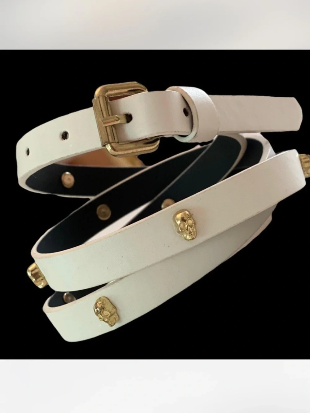 Skinny White Vegan Leather Skull Belt